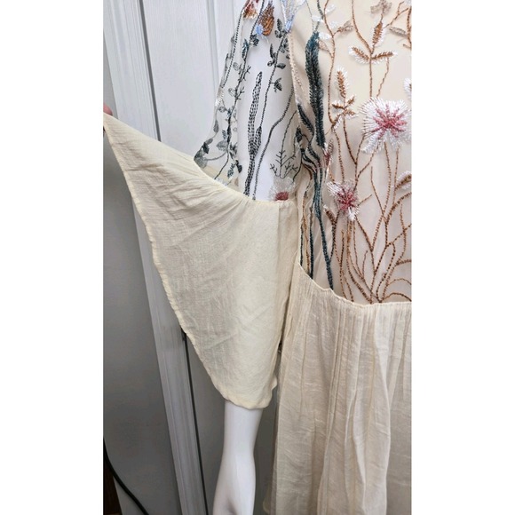Altard State Embroidered Mini Dress 3/4 Bell Sheer Sleeve Boho Babydoll Medium - Picture 4 of 10